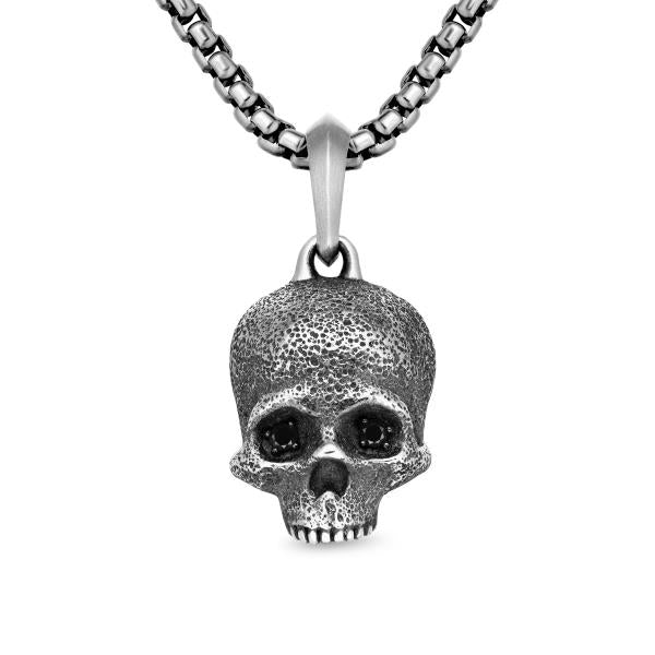 Memento Mori Skull Amulet in Sterling Silver with Pave Black Diamonds, 18mm