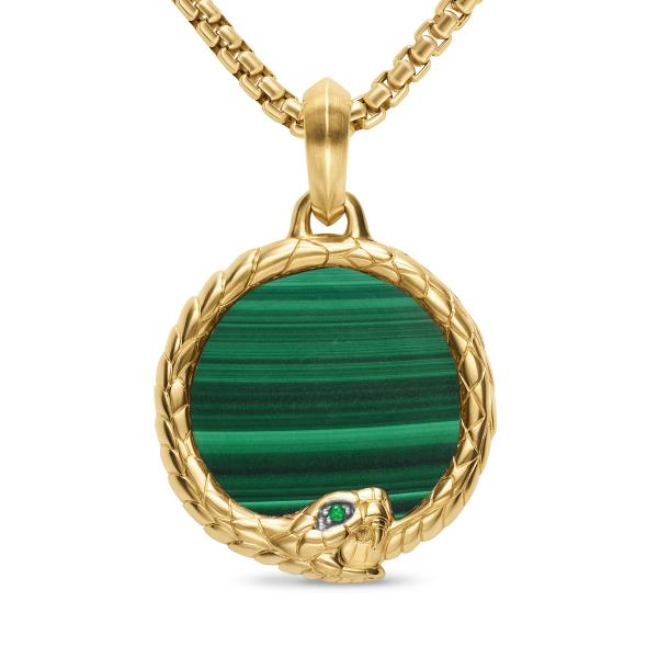 Ouroboros Amulet in 18K Yellow Gold with Malachite and Emeralds, 25mm