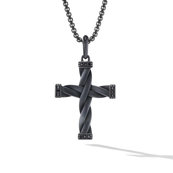 DY Helios Cross Pendant in Black Titanium with Black Diamonds