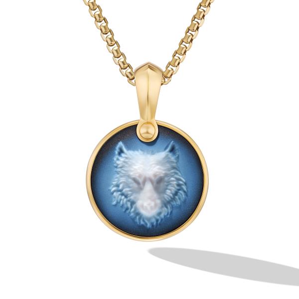 Petrvs Wolf Amulet in 18K Yellow Gold with Banded Agate, 30.6mm