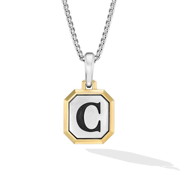 C Initial Amulet in Sterling Silver with 14K Yellow Gold, 17mm