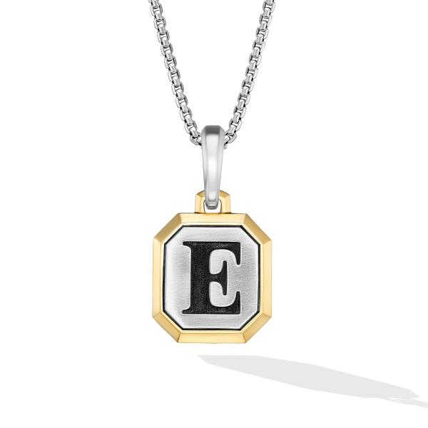 E Initial Amulet in Sterling Silver with 14K Yellow Gold, 17mm