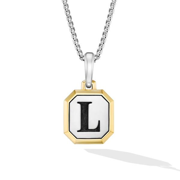 L Initial Amulet in Sterling Silver with 14K Yellow Gold, 17mm