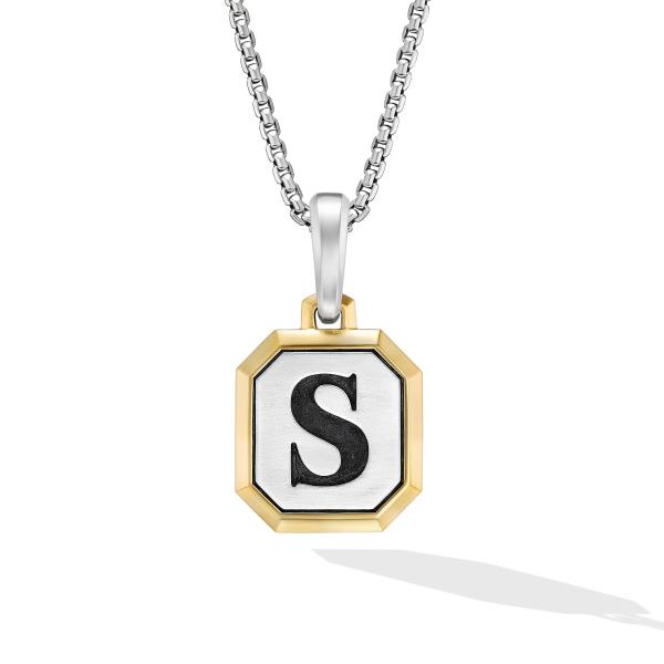 S Initial Amulet in Sterling Silver with 14K Yellow Gold, 17mm