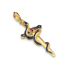 Load image into Gallery viewer, Ouroboros Snake Amulet in 18K Yellow Gold with Ruby and Black Diamonds, 48mm
