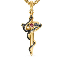 Load image into Gallery viewer, Ouroboros Snake Amulet in 18K Yellow Gold with Ruby and Black Diamonds, 48mm
