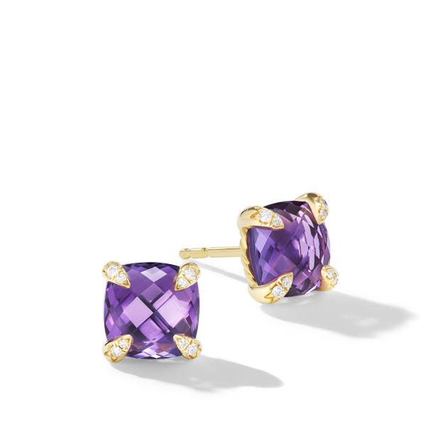 Chatelaine Stud Earrings in 18K Yellow Gold with Amethyst and Diamonds, 8mm