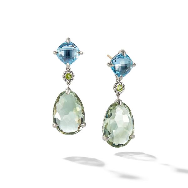Chatelaine Drop Earrings in Sterling Silver with Prasiolite, Blue Topaz and Peridot
