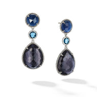 Chatelaine Teardrop Earrings in Sterling Silver with Black Orchid, Indian Blue Sapphire and Blue Topaz, 50mm