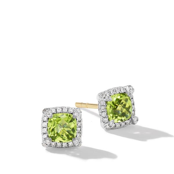 Petite Chatelaine Pave Bezel Stud Earrings in Sterling Silver with Peridot and Diamonds, 5mm