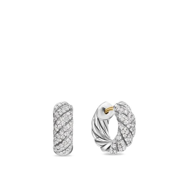 Sculpted Cable Hoop Earrings in Sterling Silver with Diamonds, 14.4mm
