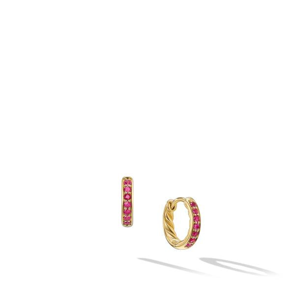 Petite Pave Huggie Hoop Earrings in 18K Yellow Gold with Rubies, 12mm