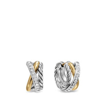 Load image into Gallery viewer, Crossover Three Row Huggie Hoop Earrings in Sterling Silver with 18K Yellow Gold, 13mm
