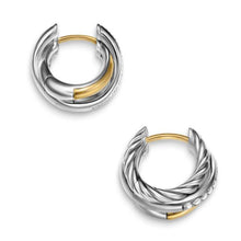 Load image into Gallery viewer, Crossover Three Row Huggie Hoop Earrings in Sterling Silver with 18K Yellow Gold, 13mm
