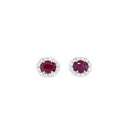Royal Collection 18K White Gold Ruby Stone Diamond Halo Earrings