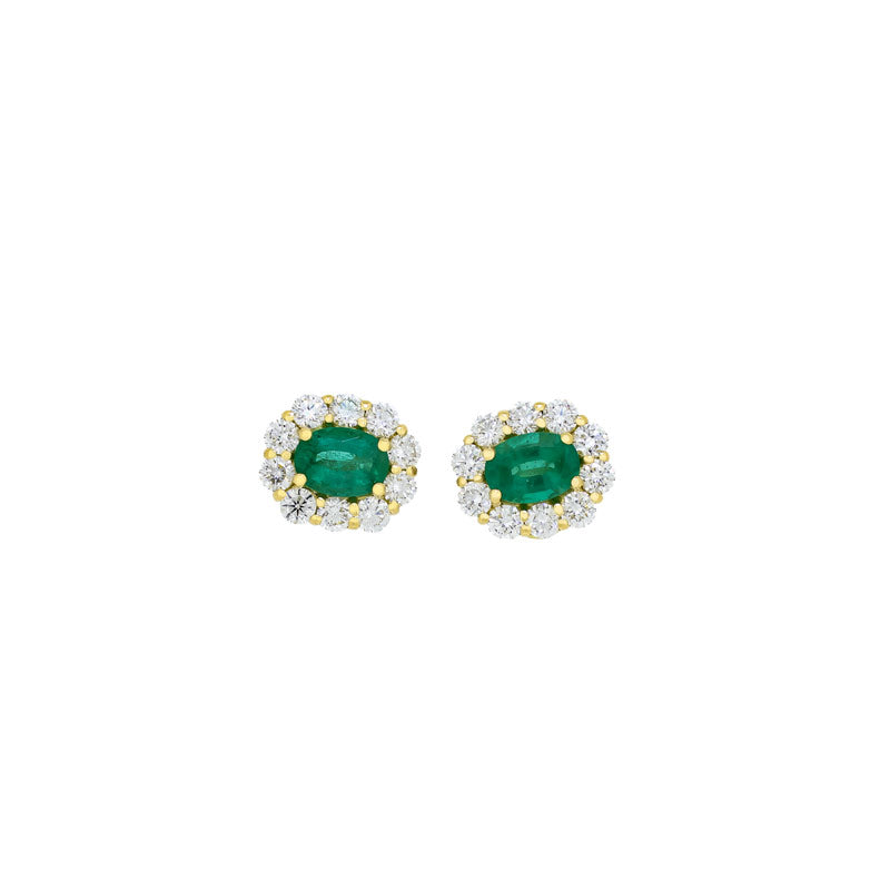 Royal Collection 18K Yellow Gold Emerald Stone Diamond Halo Stud Earrings