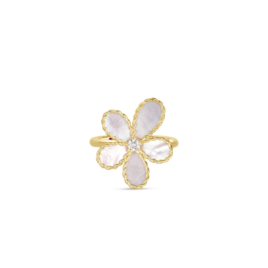 ROBERTO COIN 18K YELLOW GOLD DIAMOND & MOTHER OF PEARL FLOWER RING
