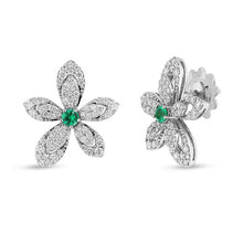 Load image into Gallery viewer, Roberto Coin 18K White Gold Tiare Diamond &amp; Emerald Flower Earrings
