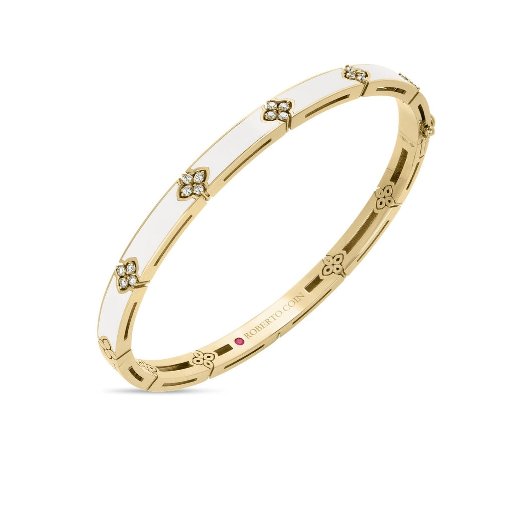 Roberto Coin Diamond and White Enamel Bangle in 18K Yellow Gold