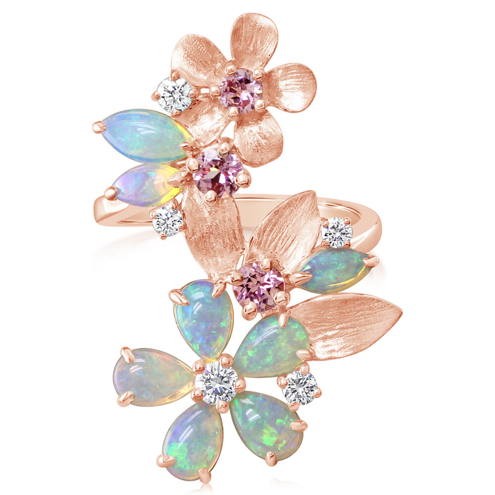 Royal Collection Light Opal, Lotus Garnet & Diamond Floral Ring in 14K Rose Gold
