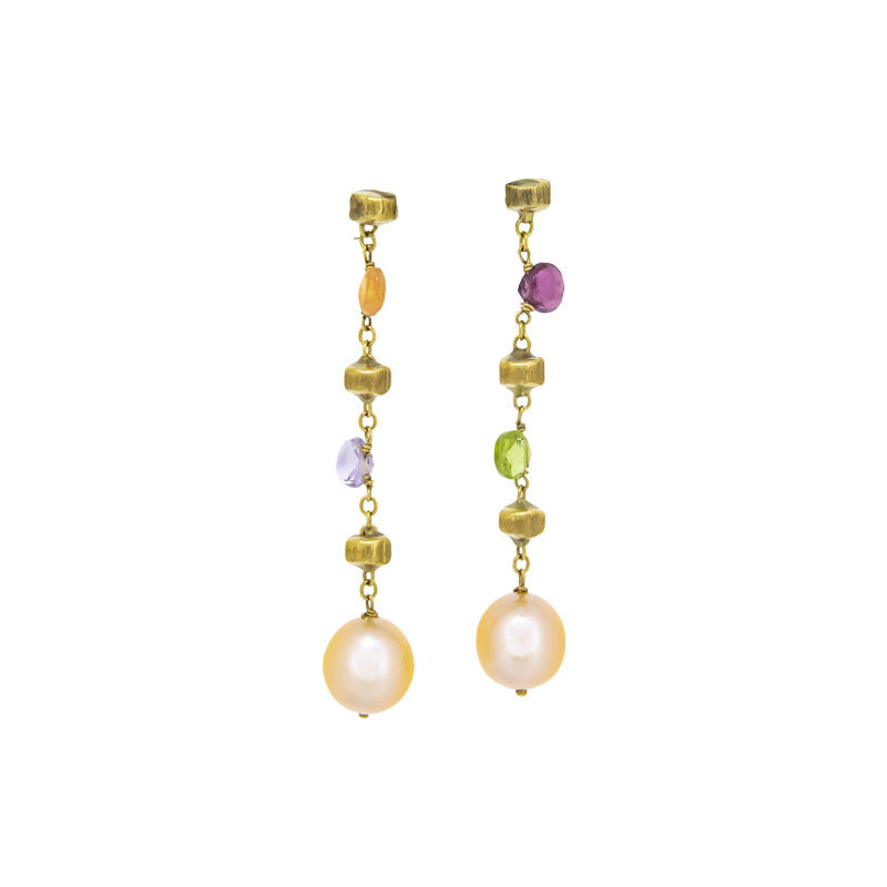 Estate Marco Bicego Paradise Mixed Gemstone & Pearl Drop Earrings in 18K Yellow Gold