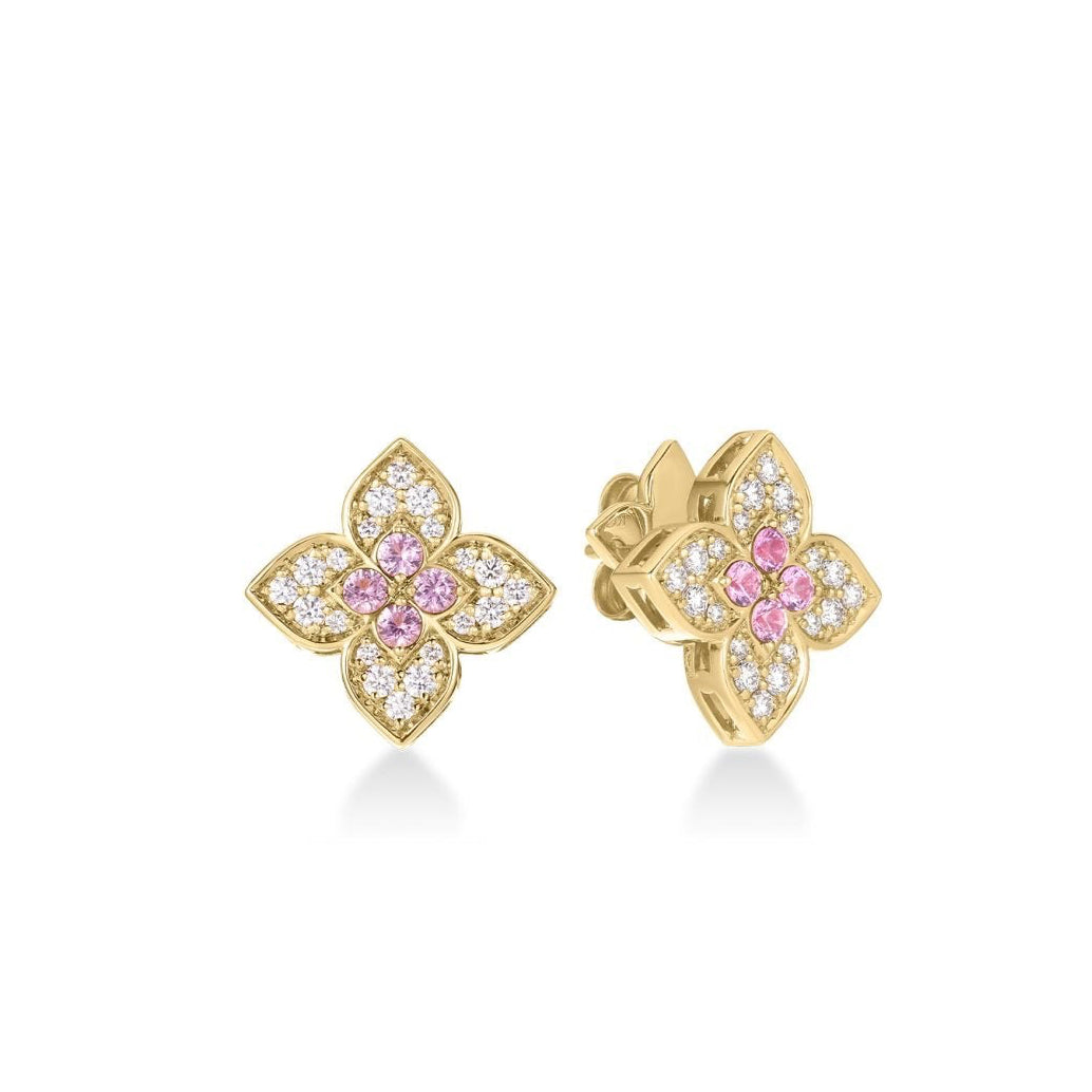 ROBERTO COIN 18K YELLOW GOLD VENETIAN PRINCESS CARNIVAL DIAMOND & RUBELLITE FLOWER STUD EARRINGS