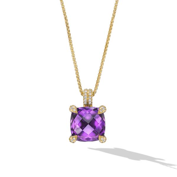 Chatelaine Pendant Necklace in 18K Yellow Gold with Amethyst and Diamonds, 11mm