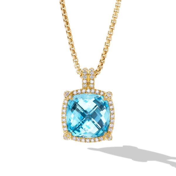 Chatelaine Pave Bezel Pendant Necklace in 18K Yellow Gold with Blue Topaz and Diamonds, 14mm