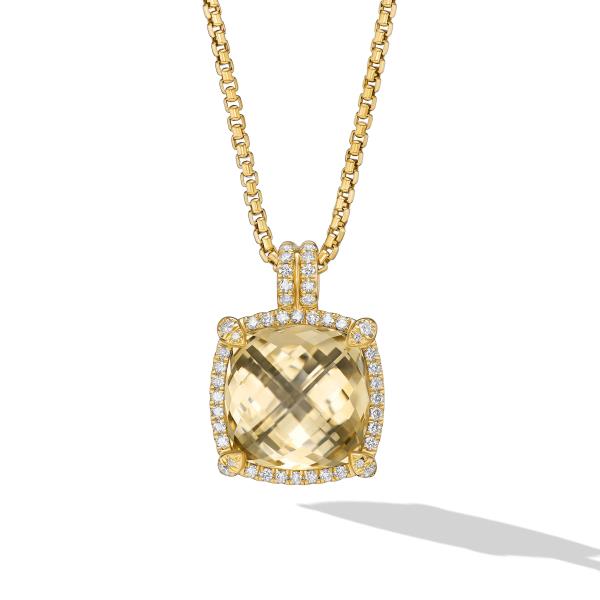 Chatelaine Pave Bezel Pendant Necklace in 18K Yellow Gold with Champagne Citrine and Diamonds, 14mm