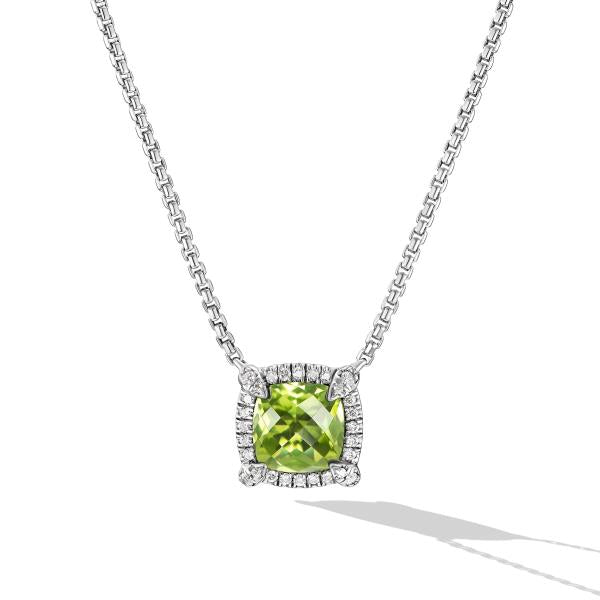 Petite Chatelaine Pave Bezel Pendant Necklace in Sterling Silver with Peridot and Diamonds, 7mm