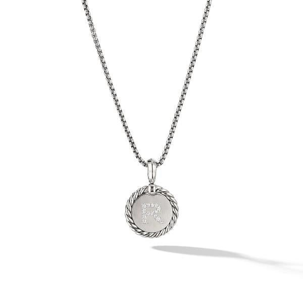 Initial R Charm Necklace in Sterling Silver with Pave Diamonds