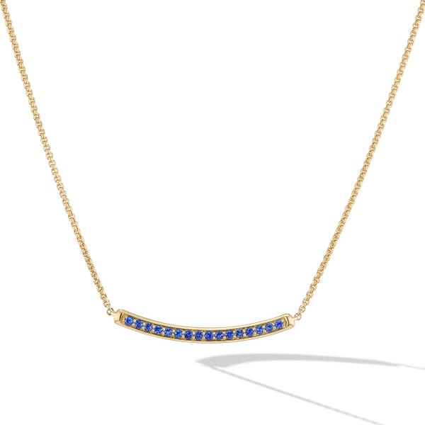 Petite Pave Bar Necklace in 18K Yellow Gold with Blue Sapphires, 1.25mm