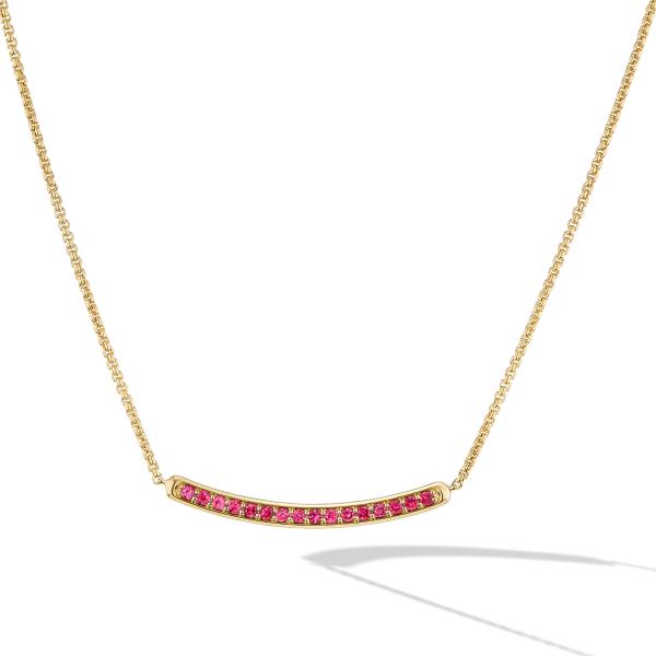 Petite Pave Bar Necklace in 18K Yellow Gold with Rubies, 1.25mm