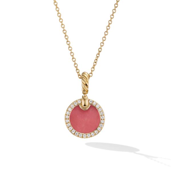 Petite DY Elements Pendant Necklace in 18K Yellow Gold with Rhodonite and Diamonds, 17.8mm