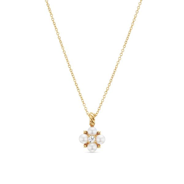Petite Modern Renaissance Pearl Necklace in 18K Yellow Gold with Center Diamond, 7.8mm