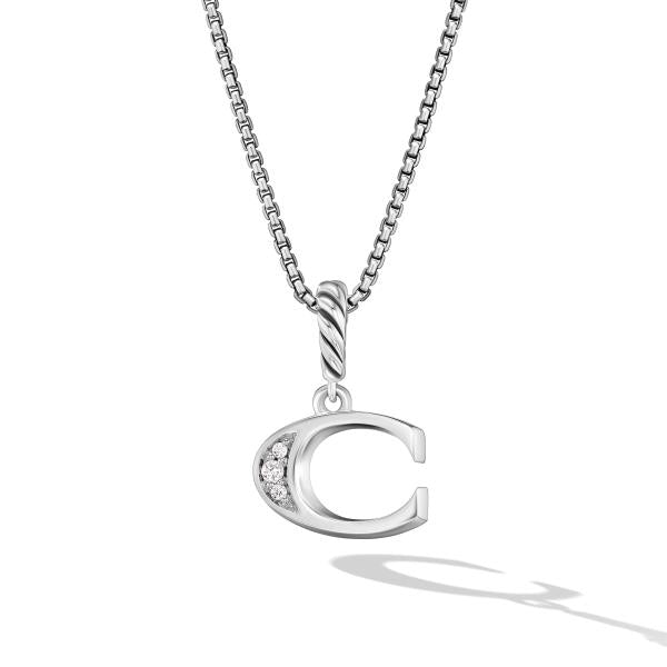 Pave Initial Pendant Necklace in Sterling Silver with Diamond C
