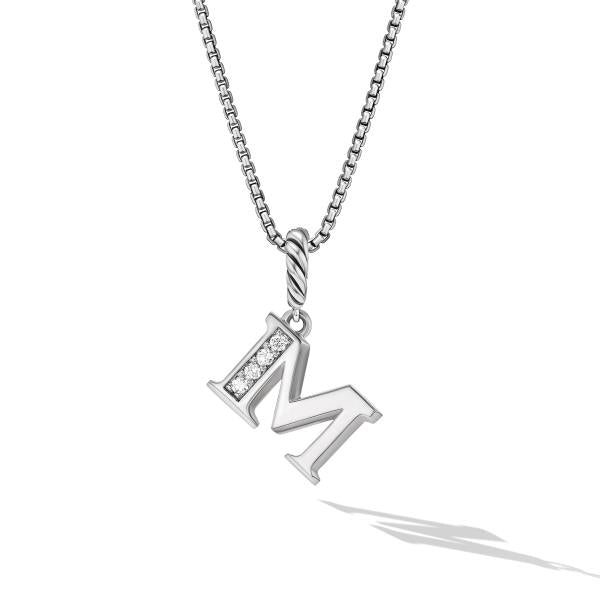 Pave Initial Pendant Necklace in Sterling Silver with Diamond M