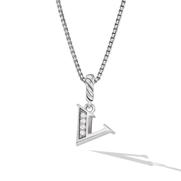 Pave Initial Pendant Necklace in Sterling Silver with Diamond V