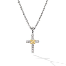 Load image into Gallery viewer, Petite Cross Necklace in Sterling Silver with 18K Yellow Gold with Diamonds, 20.8mm
