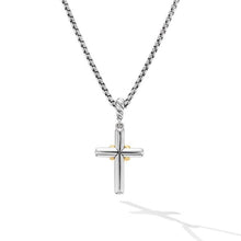 Load image into Gallery viewer, Petite Cross Necklace in Sterling Silver with 18K Yellow Gold with Diamonds, 20.8mm
