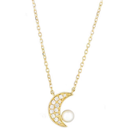 Royal Collection Diamond & Pearl Cresent Moon Necklace