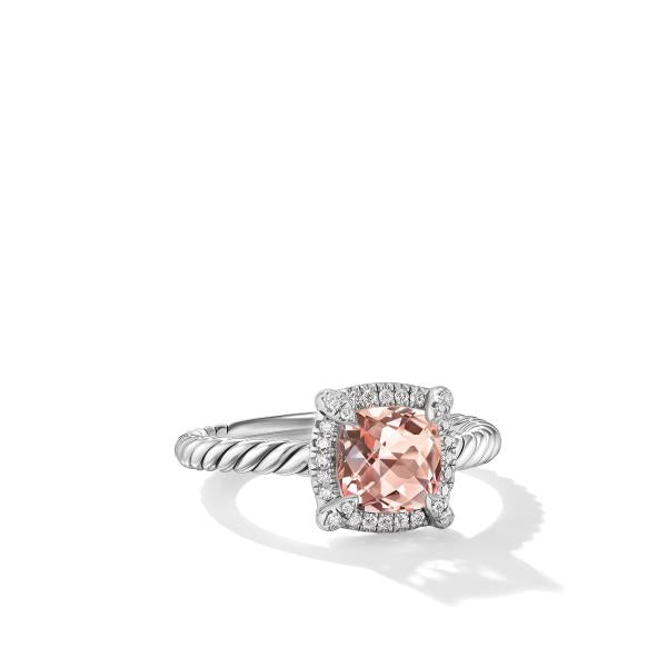 Petite Chatelaine Pave Bezel Ring in Sterling Silver with Morganite and Diamonds, 7mm