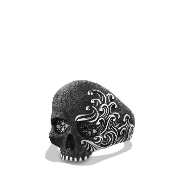 Waves Skull Ring in Sterling Silver with Black Diamonds, 24mm
