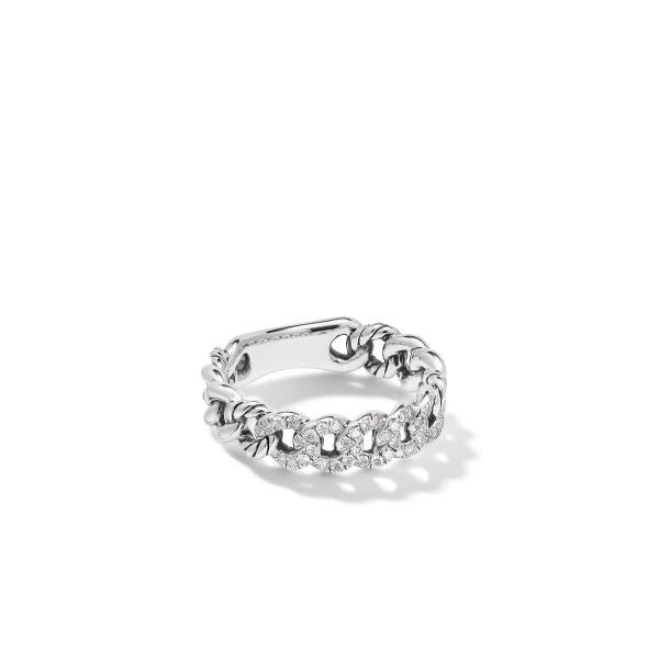Belmont Curb Link Band Ring in Sterling Silver with Pave Diamonds