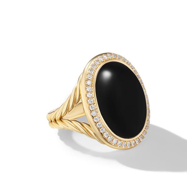 Albion Oval Ring in 18K Yellow Gold with Black Onyx and Diamonds, 21mm