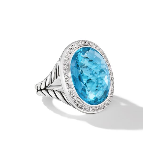 Albion Oval Ring in Sterling Silver with Blue Topaz and Diamonds, 21mm