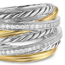 Load image into Gallery viewer, Crossover Seven Row Ring in Sterling Silver with 18K Yellow Gold amd Diamonds, 16mm
