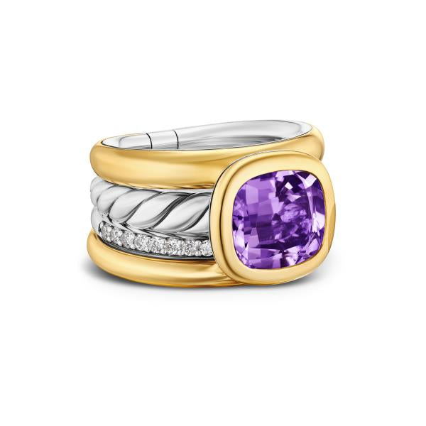 DY Mercer Four Row Stone Ring in Sterling Silver with 18K Yellow Gold, Amethyst and Diamonds, 14mm