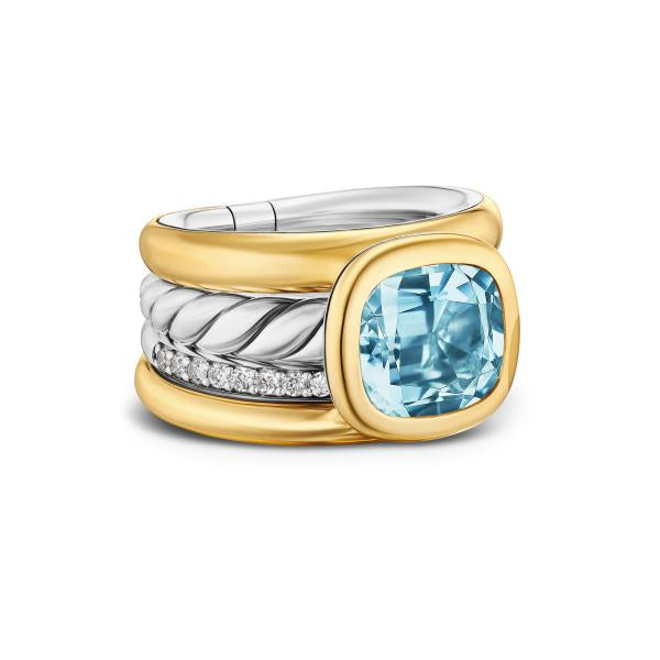 DY Mercer Four Row Stone Ring in Sterling Silver with 18K Yellow Gold, Sky Blue Topaz and Diamonds, 14mm