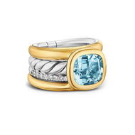 DY Mercer Four Row Stone Ring in Sterling Silver with 18K Yellow Gold, Sky Blue Topaz and Diamonds, 14mm